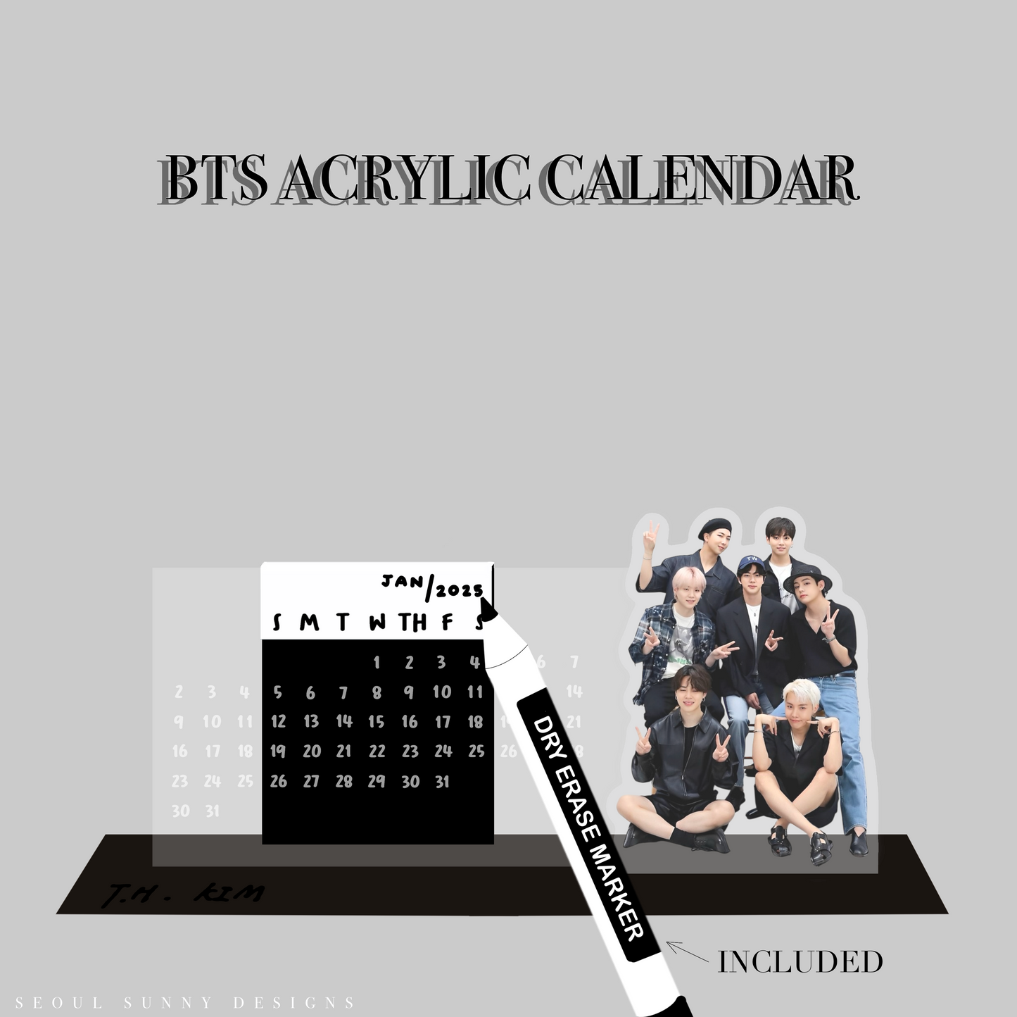 BTS 2025 Acrylic Calendar with dry erase marker